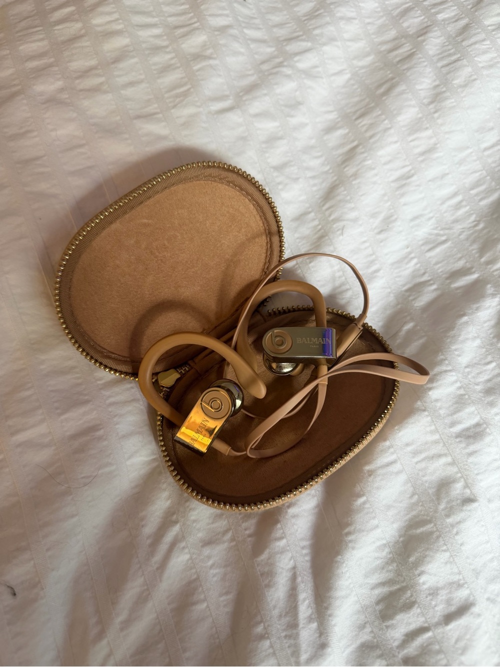 Balmain Tan and Gold Wireless Earphones with Case